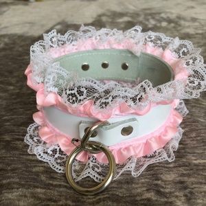 leather collar choker pink and white lace